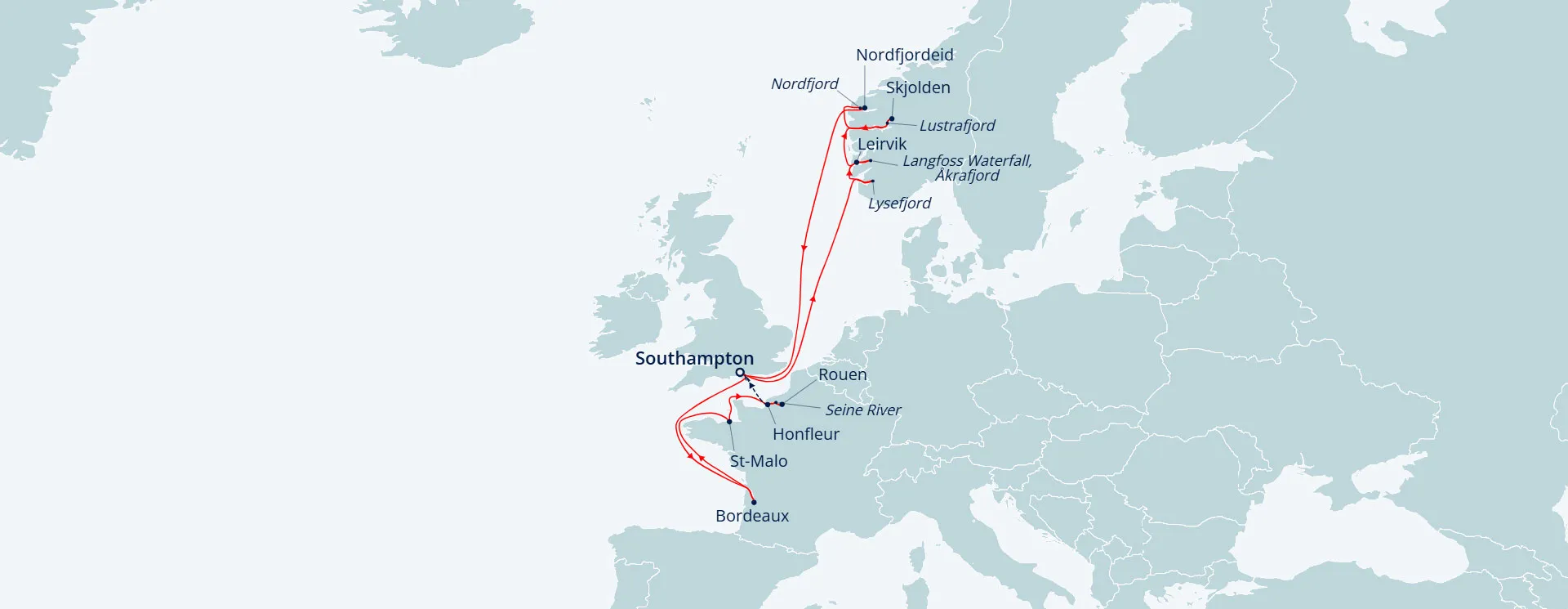 Itinerary map for Fjords of Norway & River Cities of France
